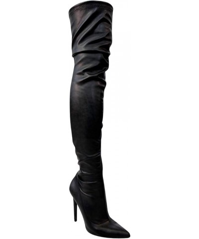 DB54 Women Pointy Toe Thigh High Single Sole Stiletto Boot Black Leatherette $28.60 Boots