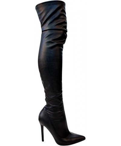 DB54 Women Pointy Toe Thigh High Single Sole Stiletto Boot Black Leatherette $28.60 Boots