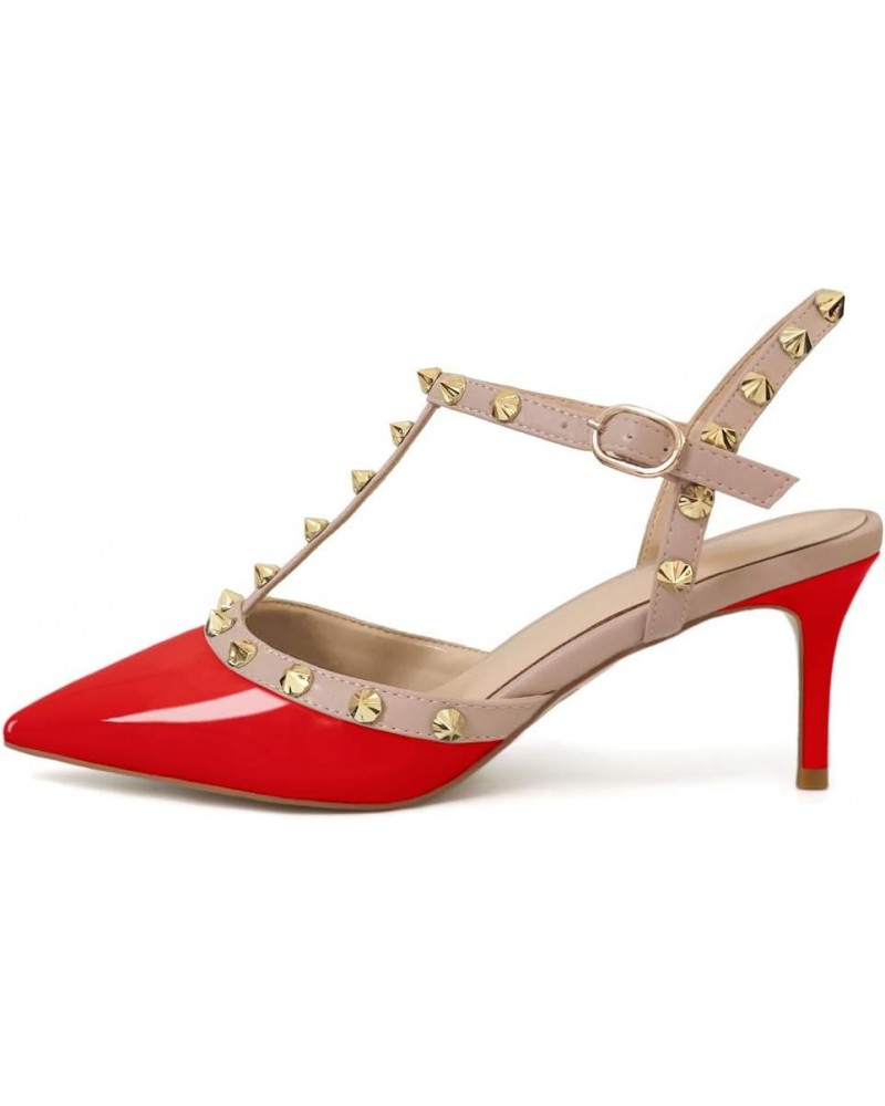 Kitten Heels Strappy Sandals for Women Slingback Pumps Closed Toe Sandals Red Patent $24.75 Sandals