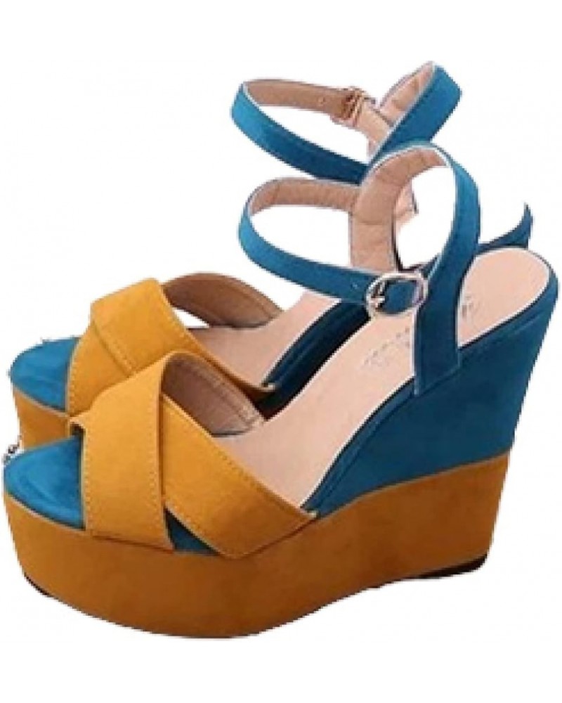 Vintage Platform Wedges for Woman Casual Ankle Buckle Cross Strap Peep Toe Daily Dress Wedge Sandals Yellow $24.32 Sandals