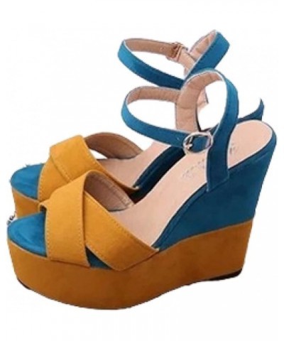 Vintage Platform Wedges for Woman Casual Ankle Buckle Cross Strap Peep Toe Daily Dress Wedge Sandals Yellow $24.32 Sandals