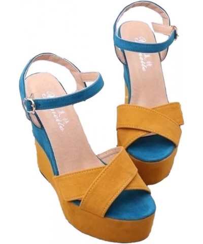 Vintage Platform Wedges for Woman Casual Ankle Buckle Cross Strap Peep Toe Daily Dress Wedge Sandals Yellow $24.32 Sandals