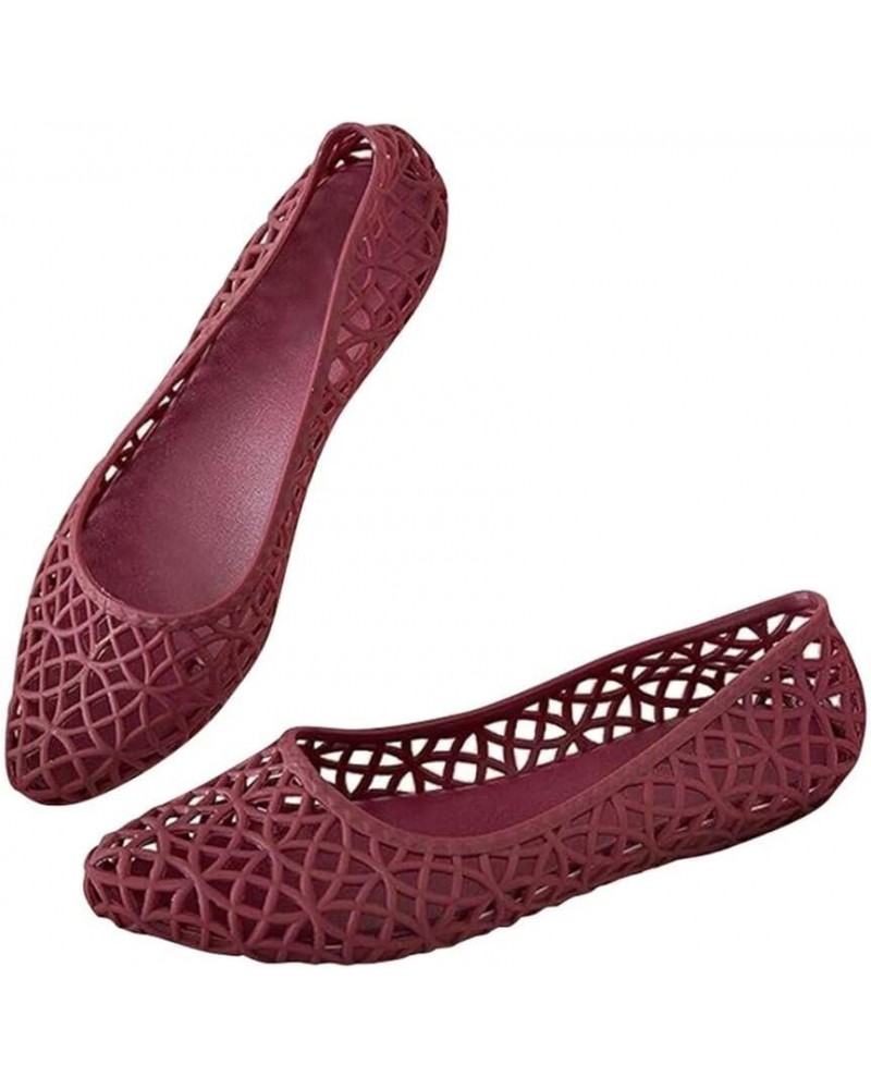 Women's Beach Jelly Shoes Slip On Crystal Summer Soft Hollow Ballet Flats E Wine Red $9.85 Sandals