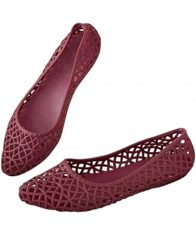 Women's Beach Jelly Shoes Slip On Crystal Summer Soft Hollow Ballet Flats E Wine Red $9.85 Sandals