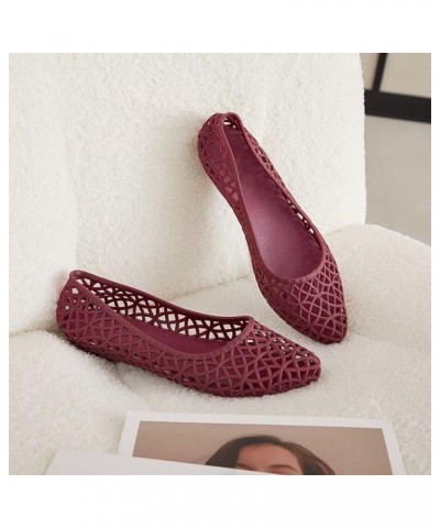 Women's Beach Jelly Shoes Slip On Crystal Summer Soft Hollow Ballet Flats E Wine Red $9.85 Sandals