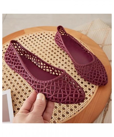 Women's Beach Jelly Shoes Slip On Crystal Summer Soft Hollow Ballet Flats E Wine Red $9.85 Sandals