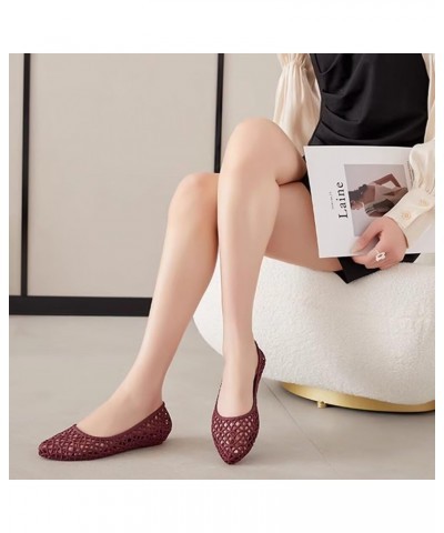 Women's Beach Jelly Shoes Slip On Crystal Summer Soft Hollow Ballet Flats E Wine Red $9.85 Sandals