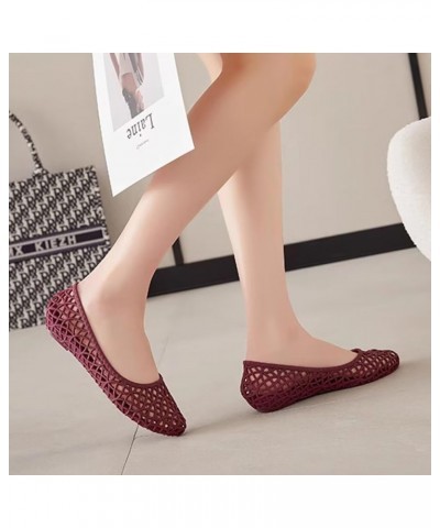 Women's Beach Jelly Shoes Slip On Crystal Summer Soft Hollow Ballet Flats E Wine Red $9.85 Sandals