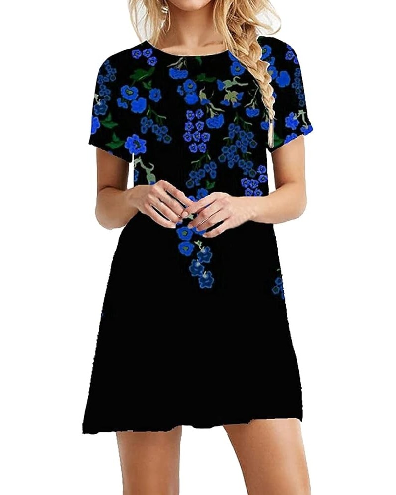 Women Casual Round Neck Short Sleeve Dress Flower Print Skirt Blue- Dresses for Women 2024 $11.13 Flats