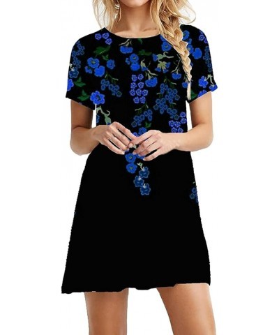 Women Casual Round Neck Short Sleeve Dress Flower Print Skirt Blue- Dresses for Women 2024 $11.13 Flats