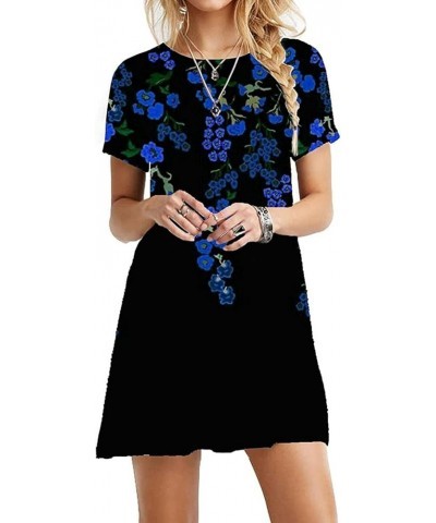 Women Casual Round Neck Short Sleeve Dress Flower Print Skirt Blue- Dresses for Women 2024 $11.13 Flats