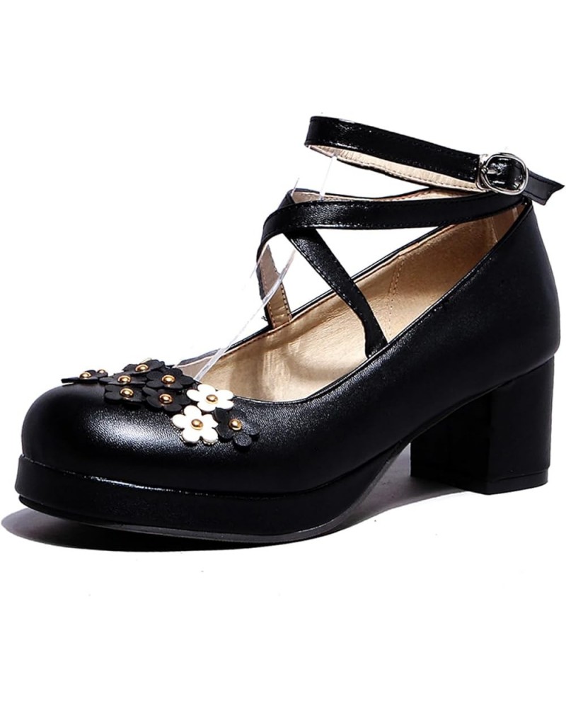 Womens Round Toe Sweet Block Heel Mary Jane Shoes Bows Black 5 $26.57 Pumps