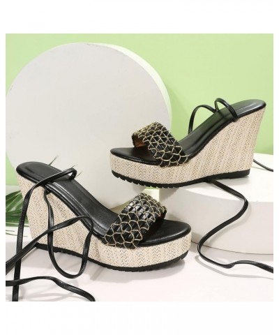 Fashion Women Summer Weave Wedges Breathable Strap Toe Sandals Comfortable Beach Shoes Womens Hiking Sandals Size 9 (Black, 6...