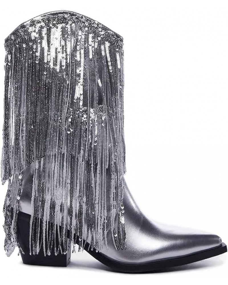 Women's Metallic Tassel Cowboy Boots Pointed Toe Mid-Calf Boots Block Chunky Heel Side Zipper Glitter Cowgirl Boots Silver $4...