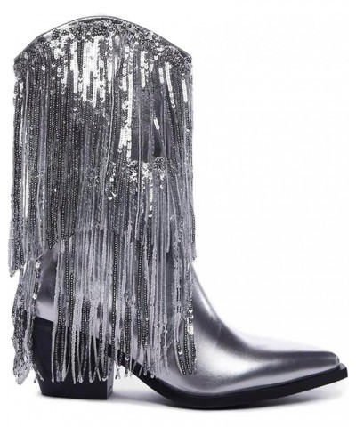 Women's Metallic Tassel Cowboy Boots Pointed Toe Mid-Calf Boots Block Chunky Heel Side Zipper Glitter Cowgirl Boots Silver $4...