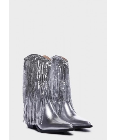 Women's Metallic Tassel Cowboy Boots Pointed Toe Mid-Calf Boots Block Chunky Heel Side Zipper Glitter Cowgirl Boots Silver $4...