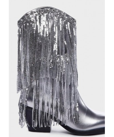 Women's Metallic Tassel Cowboy Boots Pointed Toe Mid-Calf Boots Block Chunky Heel Side Zipper Glitter Cowgirl Boots Silver $4...