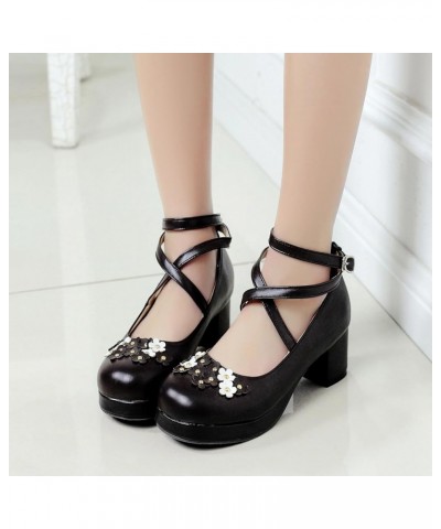 Womens Round Toe Sweet Block Heel Mary Jane Shoes Bows Black 5 $26.57 Pumps