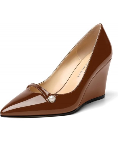 Womens Sexy Slip On Patent Party Pointed Toe Wedding Wedge High Heel Pumps Shoes 3.5 Inch Brown $36.89 Pumps