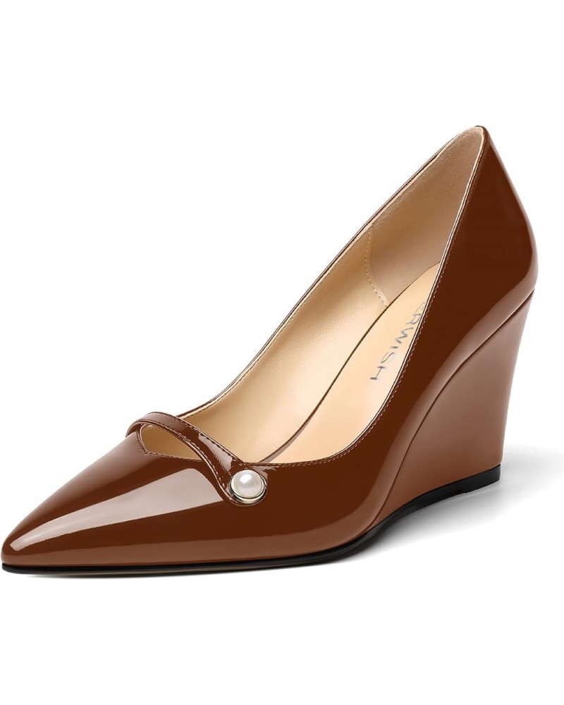 Womens Sexy Slip On Patent Party Pointed Toe Wedding Wedge High Heel Pumps Shoes 3.5 Inch Brown $36.89 Pumps