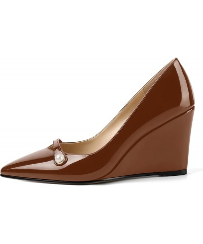 Womens Sexy Slip On Patent Party Pointed Toe Wedding Wedge High Heel Pumps Shoes 3.5 Inch Brown $36.89 Pumps