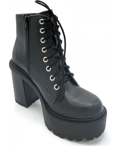 Volume - Lug Sole Chunky High Heel Fashion Ankle Boot Lace up w/Side Zipper Black Pu $19.45 Boots