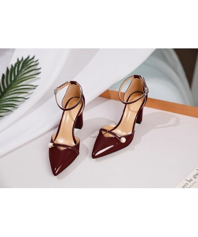 Women Chunky Heel Pumps Pointed Toe Block High Heels Patent Leather with Pearl Heels Ankle Strap Solid Dress Pumps Shoes 3.4 ...