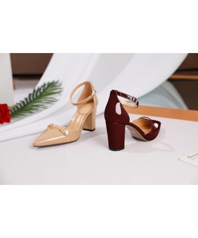 Women Chunky Heel Pumps Pointed Toe Block High Heels Patent Leather with Pearl Heels Ankle Strap Solid Dress Pumps Shoes 3.4 ...