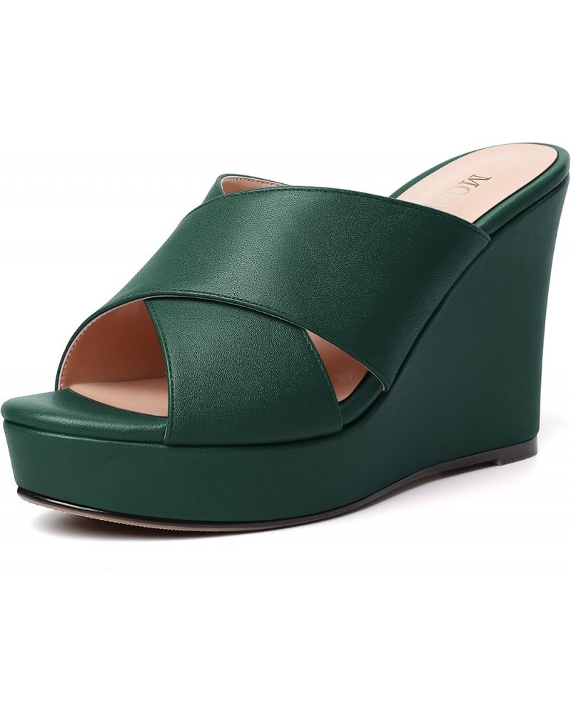 Womens Open Toe Fashion Matte Slip On Platform Casual Wedge High Heel Heeled Dressy Sandals 4 Inch Dark Green $30.57 Sandals