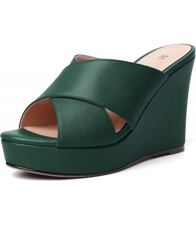 Womens Open Toe Fashion Matte Slip On Platform Casual Wedge High Heel Heeled Dressy Sandals 4 Inch Dark Green $30.57 Sandals