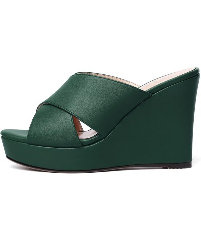 Womens Open Toe Fashion Matte Slip On Platform Casual Wedge High Heel Heeled Dressy Sandals 4 Inch Dark Green $30.57 Sandals