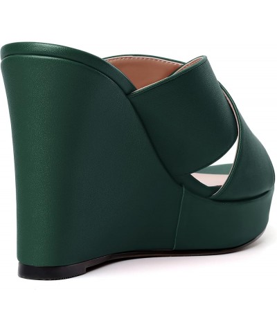 Womens Open Toe Fashion Matte Slip On Platform Casual Wedge High Heel Heeled Dressy Sandals 4 Inch Dark Green $30.57 Sandals