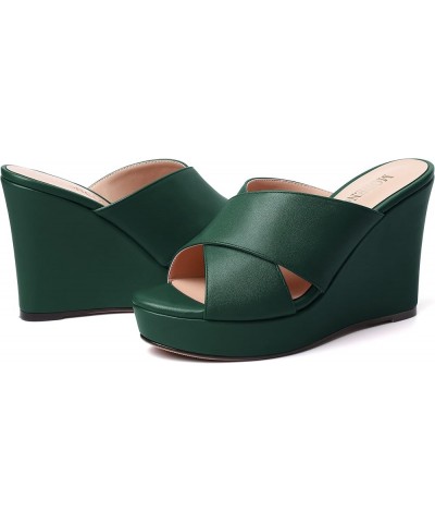 Womens Open Toe Fashion Matte Slip On Platform Casual Wedge High Heel Heeled Dressy Sandals 4 Inch Dark Green $30.57 Sandals