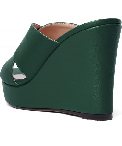 Womens Open Toe Fashion Matte Slip On Platform Casual Wedge High Heel Heeled Dressy Sandals 4 Inch Dark Green $30.57 Sandals