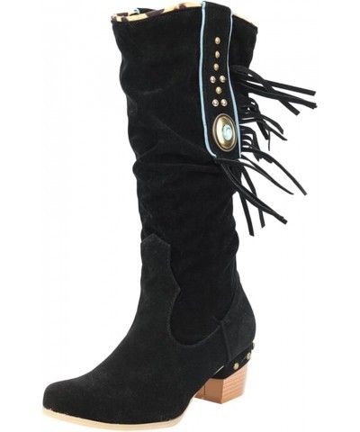 Women's Knee High Boots Pointed Toe Zipper Long Boot Tassel Boot for Lady Wide Calf Sexy 70s Boots with Chunky Heel Black $26...