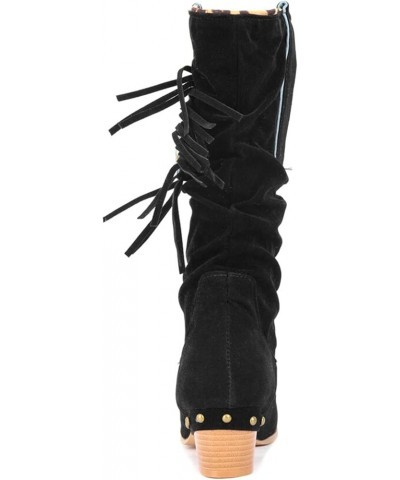 Women's Knee High Boots Pointed Toe Zipper Long Boot Tassel Boot for Lady Wide Calf Sexy 70s Boots with Chunky Heel Black $26...