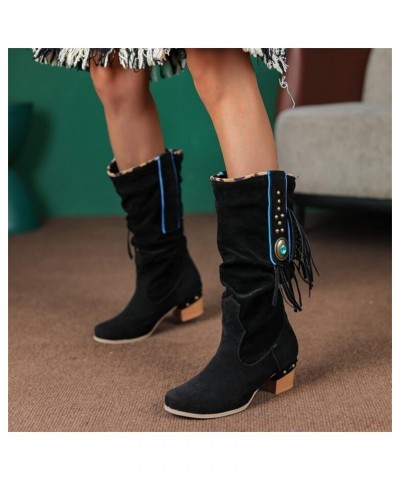 Women's Knee High Boots Pointed Toe Zipper Long Boot Tassel Boot for Lady Wide Calf Sexy 70s Boots with Chunky Heel Black $26...