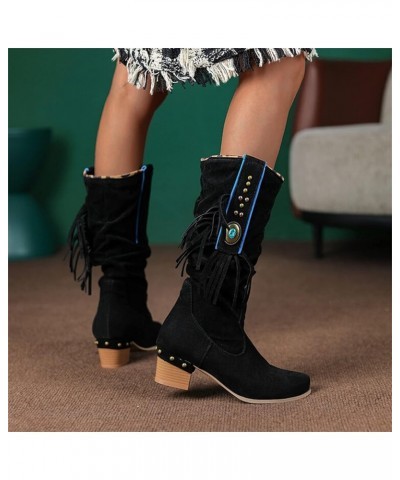 Women's Knee High Boots Pointed Toe Zipper Long Boot Tassel Boot for Lady Wide Calf Sexy 70s Boots with Chunky Heel Black $26...