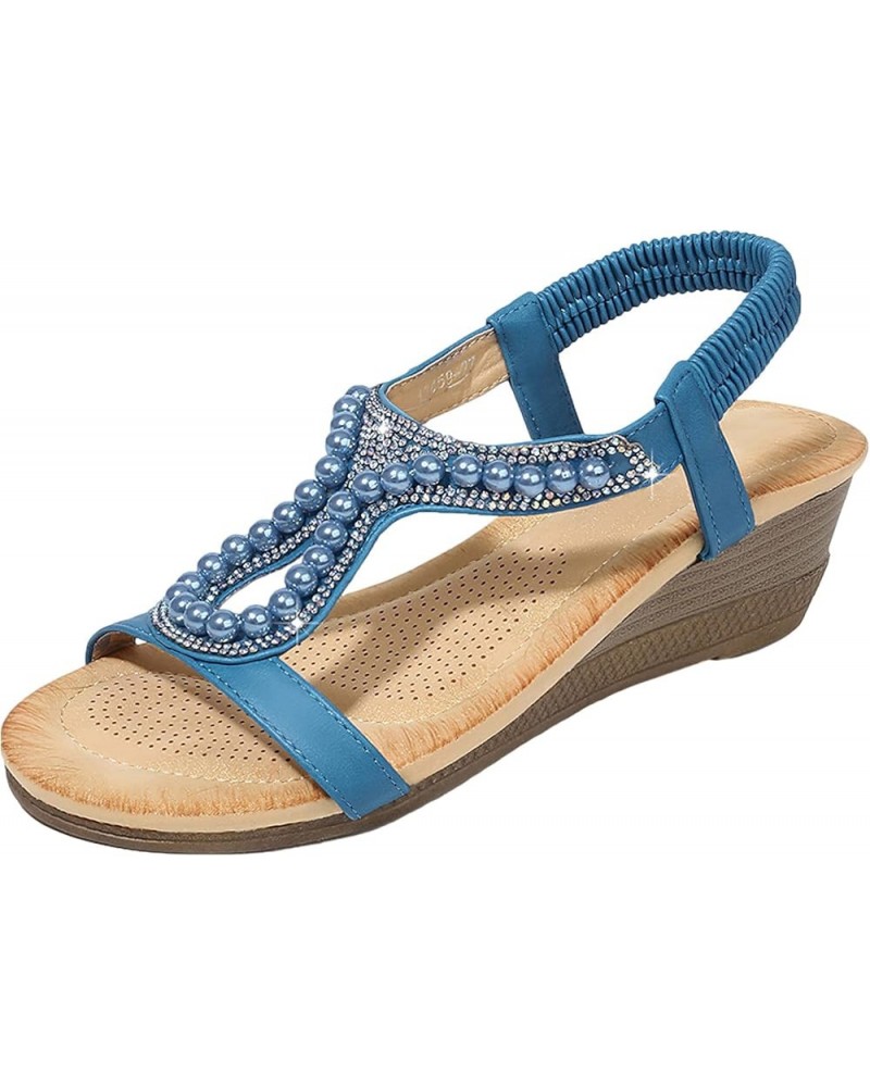 Bohemian Wedge Sandals Women Summer Rhinestone Dressy Shoes Blue $17.43 Sandals