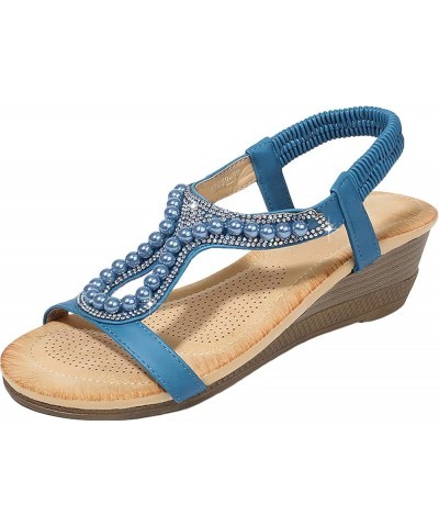 Bohemian Wedge Sandals Women Summer Rhinestone Dressy Shoes Blue $17.43 Sandals