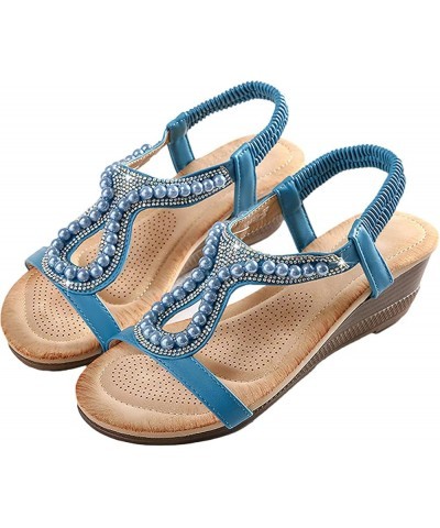 Bohemian Wedge Sandals Women Summer Rhinestone Dressy Shoes Blue $17.43 Sandals