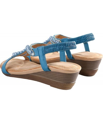 Bohemian Wedge Sandals Women Summer Rhinestone Dressy Shoes Blue $17.43 Sandals