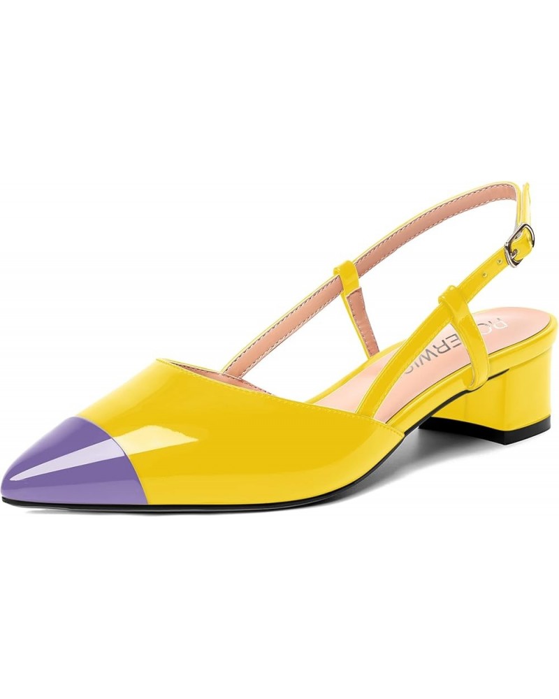 Womens Slingback Elegant Casual Pointed Toe Buckle Wedding Patent Chunky Low Heel Pumps Dress Shoes 1.5 Inch Lavender Yellow ...