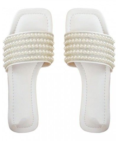 Women's Pearl Bead Square Open Toe Slide Sandals Summer Indoor Outdoor Slip on Flat Sandals White $15.04 Sandals