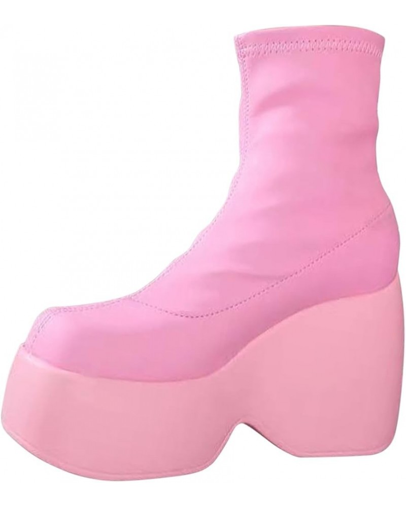 Platform Wedge Heel Boots Square Toe Solid Color Goth Boots Pull On Combat Boots Retro Square Toe Punk Motorcycle Boots Pink ...