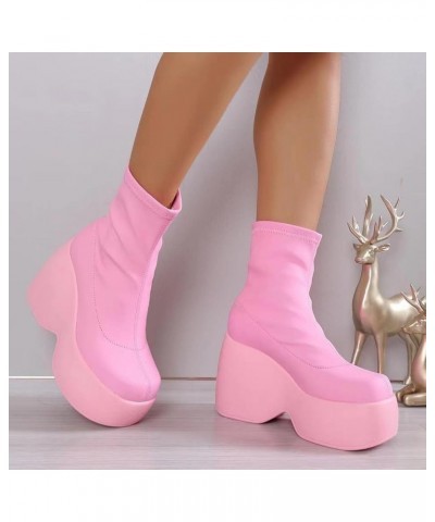 Platform Wedge Heel Boots Square Toe Solid Color Goth Boots Pull On Combat Boots Retro Square Toe Punk Motorcycle Boots Pink ...