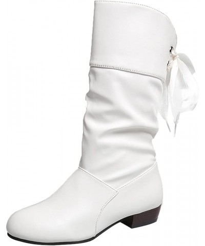 Ladies Fashion Solid Color Pleated Leather Bow Tie Back Thick Heel Medium Boots Tan Short Boots Women White $23.51 Boots