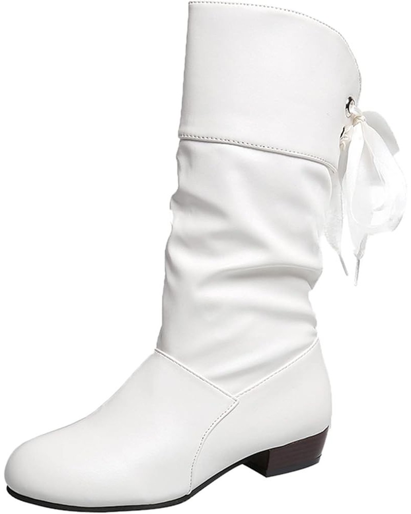 Ladies Fashion Solid Color Pleated Leather Bow Tie Back Thick Heel Medium Boots Tan Short Boots Women White $23.51 Boots