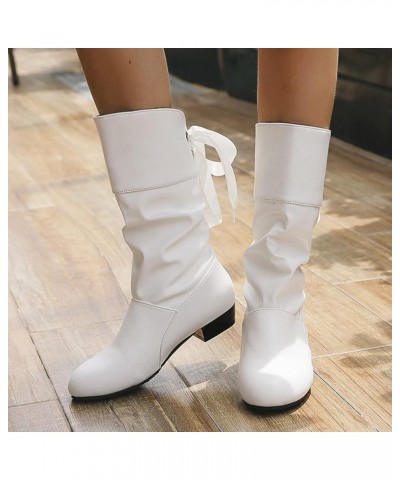 Ladies Fashion Solid Color Pleated Leather Bow Tie Back Thick Heel Medium Boots Tan Short Boots Women White $23.51 Boots