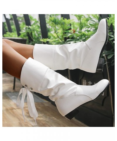 Ladies Fashion Solid Color Pleated Leather Bow Tie Back Thick Heel Medium Boots Tan Short Boots Women White $23.51 Boots